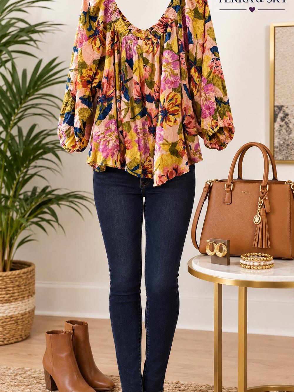 Terra & Sky Floral Peasant Top in Pink & Green